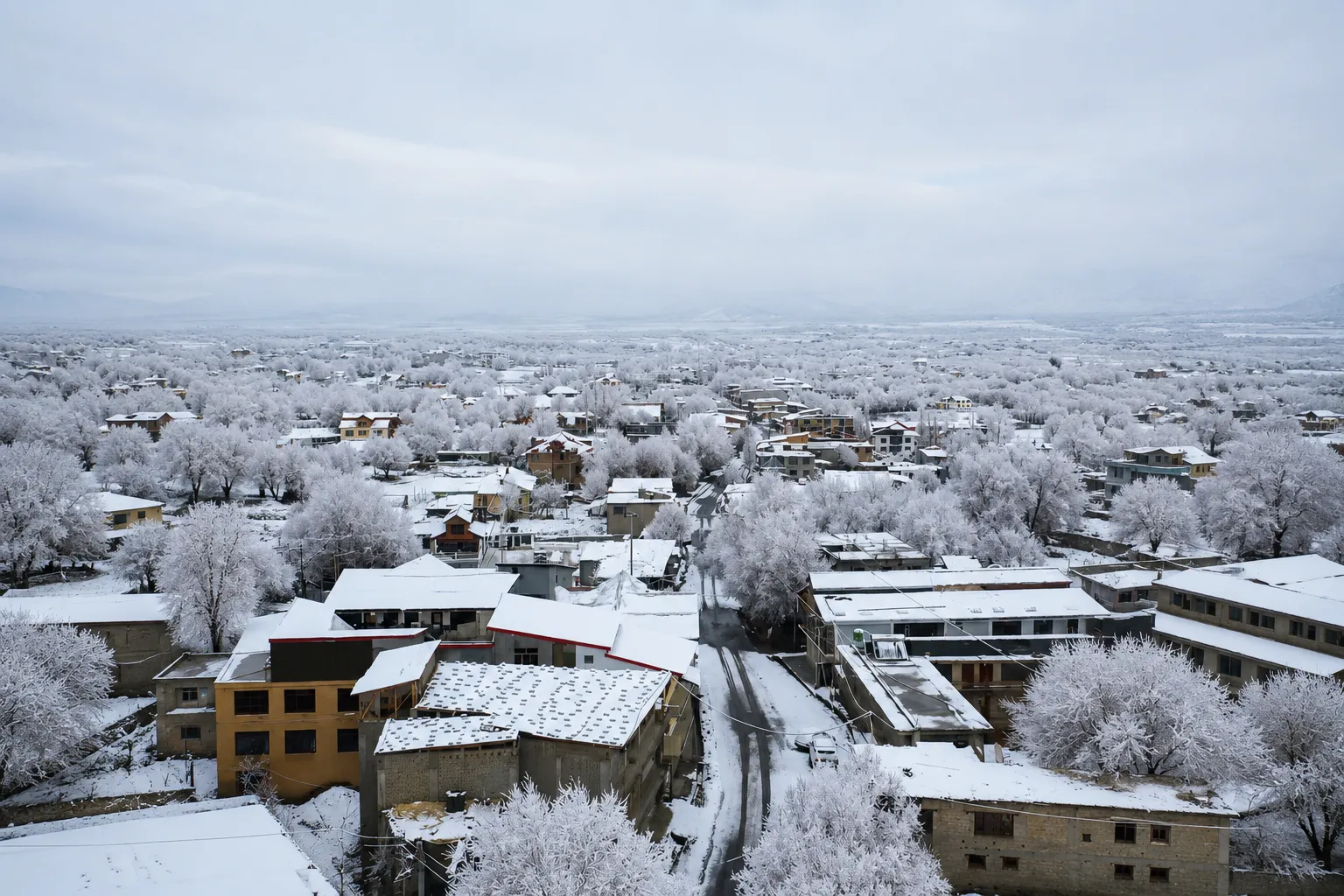 Suru Valley in winter snow covered landscape near Nun Kun peaks