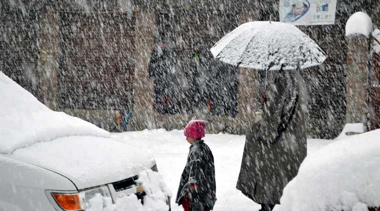 Snowfall on Himalayan mountain road in Ladakh January