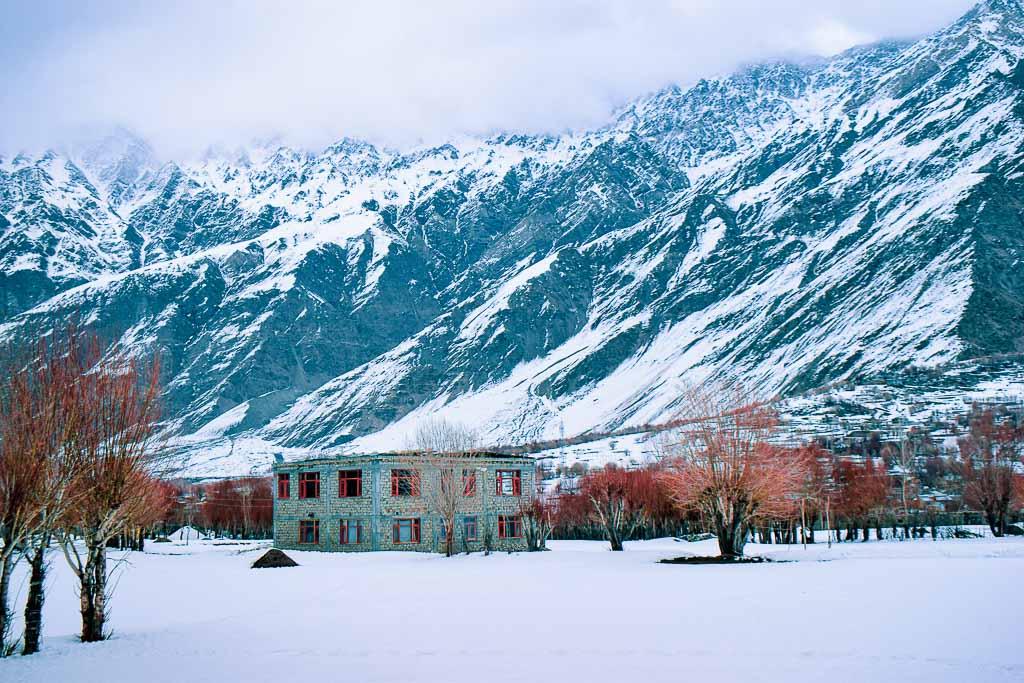 Leh town landscape in winter with snow covered Ladakh range