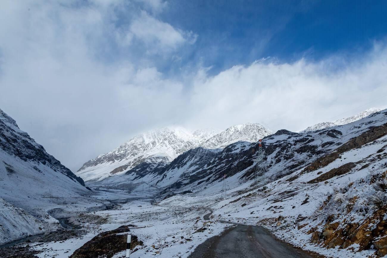 Snow clearing and mountain road conditions in Ladakh winter