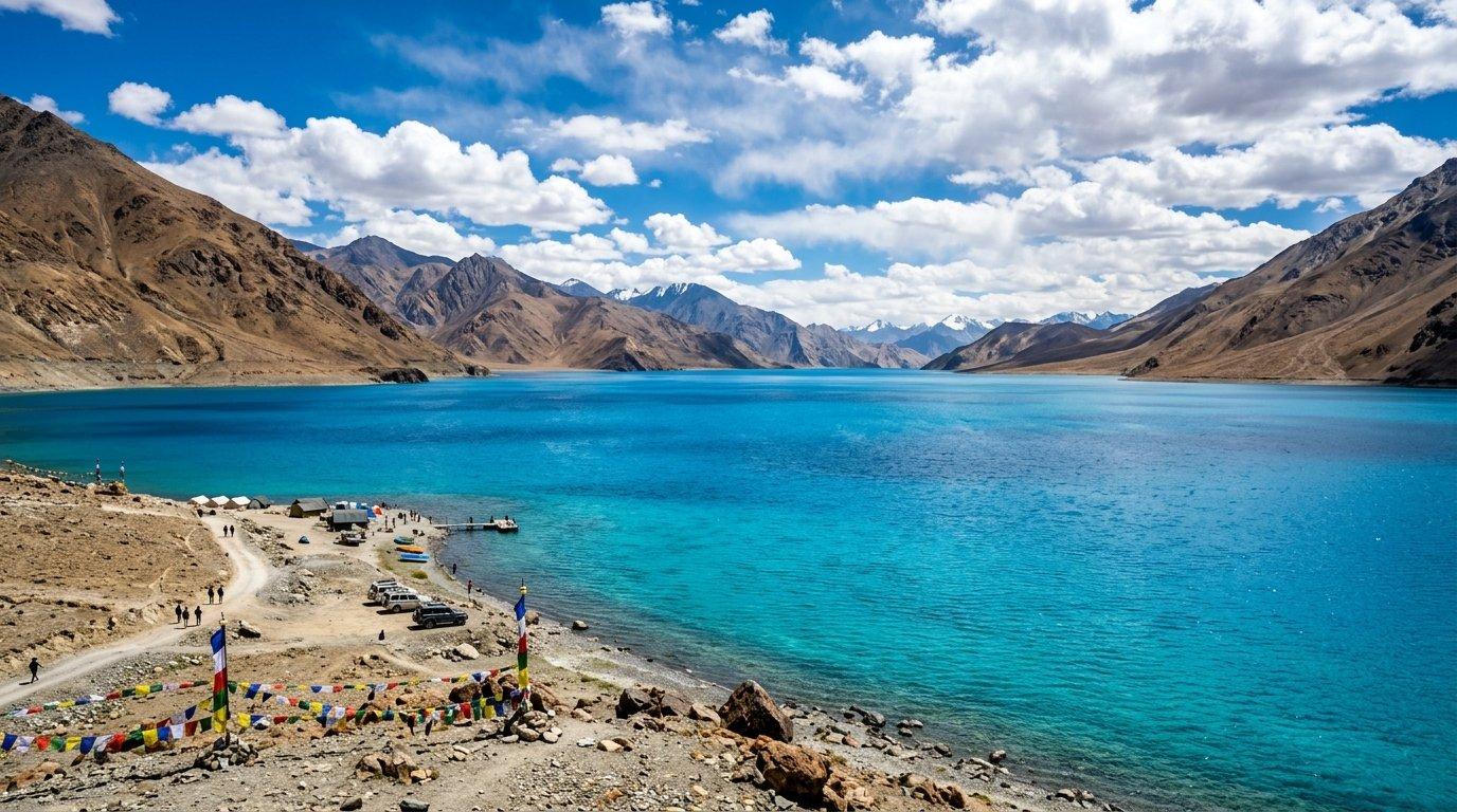 Deep cobalt blue waters of Pangong Tso Lake in September
